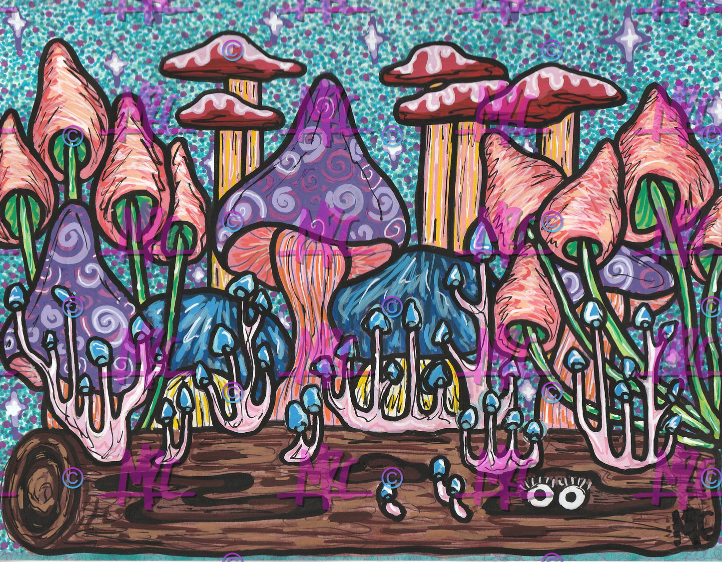 Mushrooms on a Doodle Log